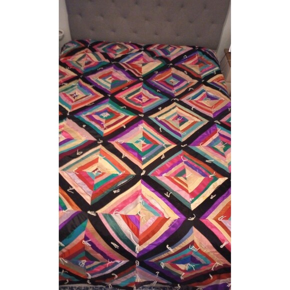 Vintage Patchwork Quilt Satin Velvet Diamonds 90s Signed PHOTOS Cond. 80" X 100" - Picture 1 of 13